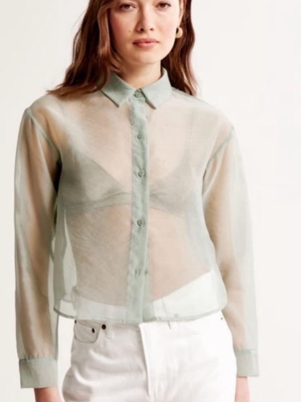 Abercrombie & Fitch Sheer Button-Up Shirt in Sage Green
